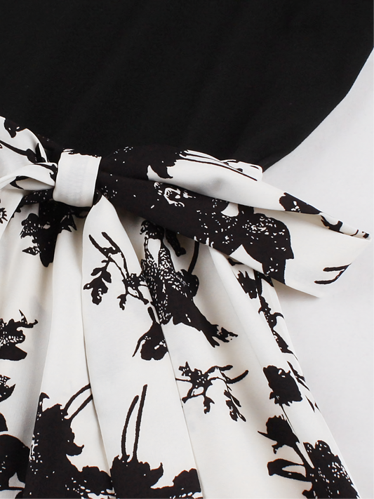 Black Floral Print Patchwork Black V-neck Midi Dress