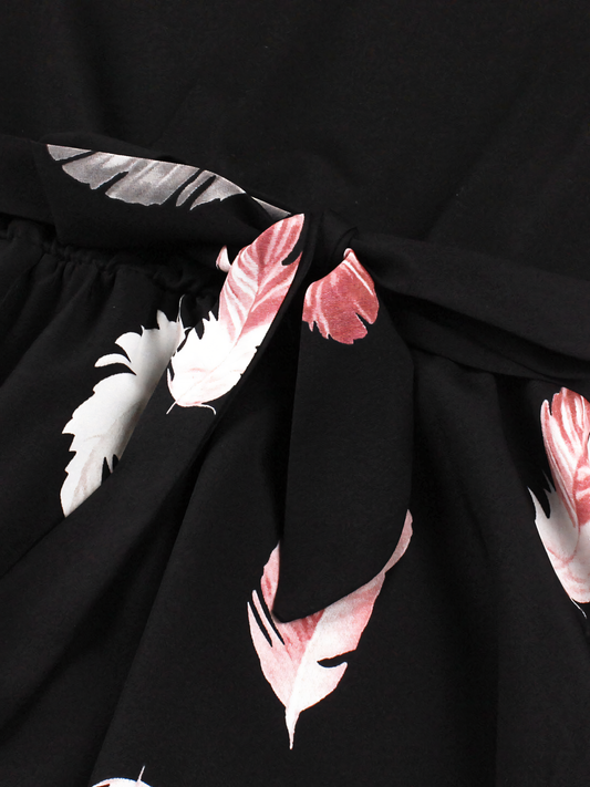 Feathers Print Patchwork Black V-neck Midi Dress