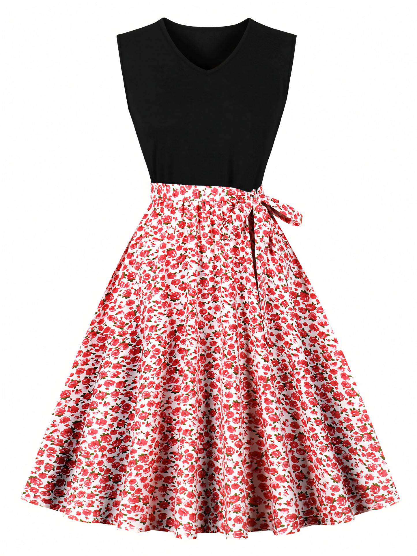 Floral Print Patchwork Black V-neck Midi Dress