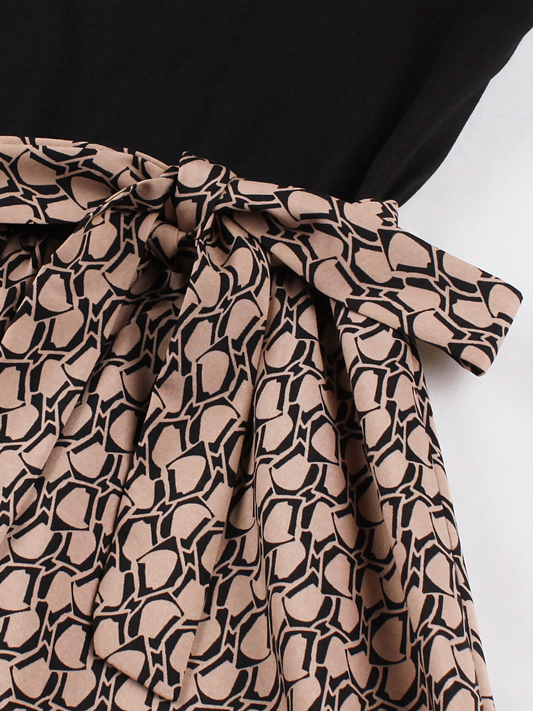 Khaki Print Patchwork Black V-neck Midi Dress