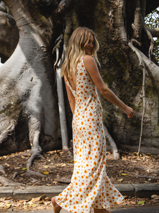 Yellow Floral Backless Tie Maxi Dress