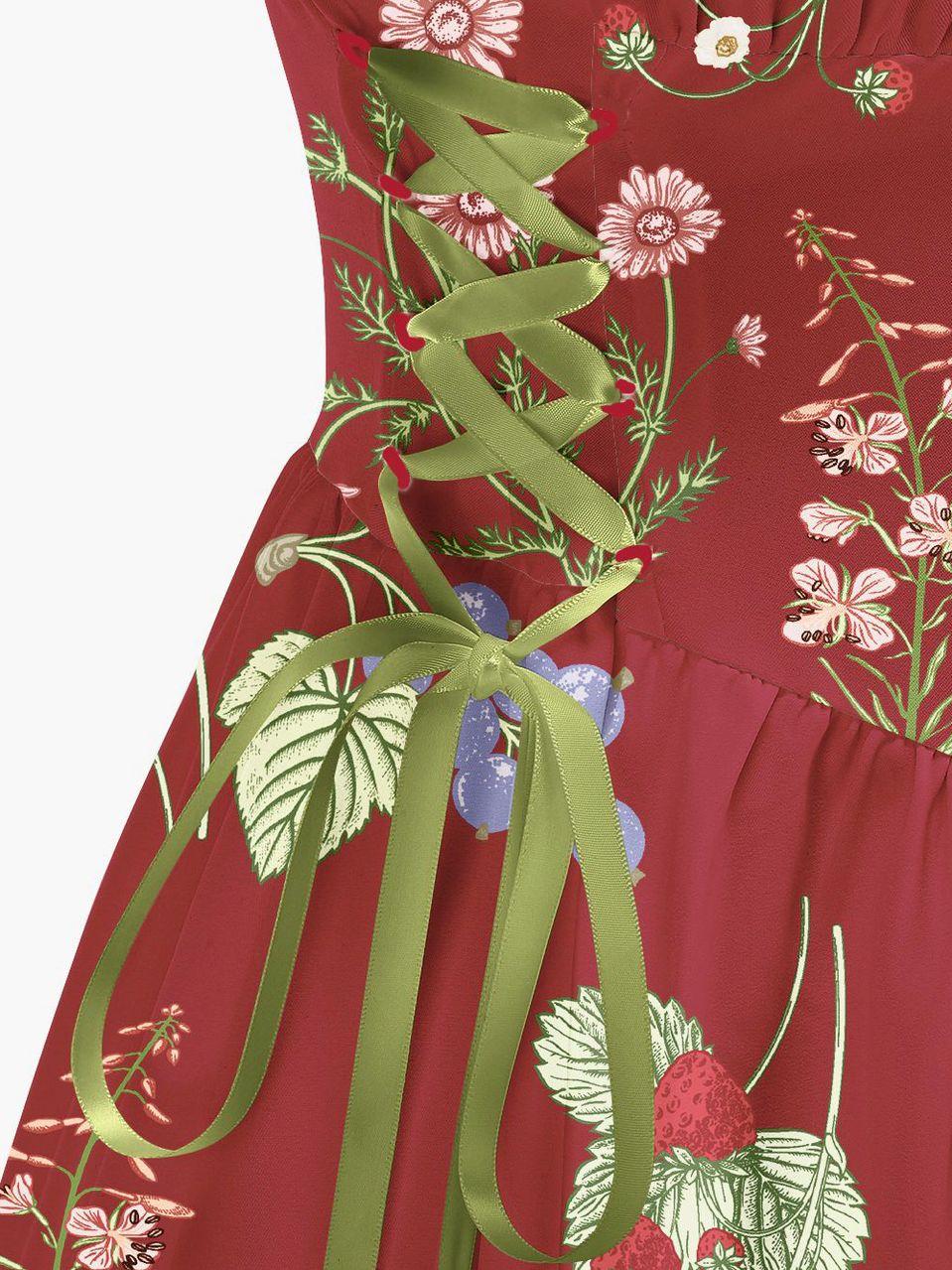 Red Floral Printed Green Drawstrings Elegant Midi Dress