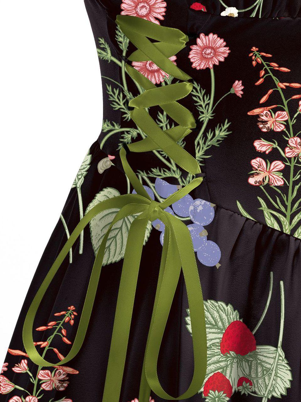 Black Floral Printed Green Drawstrings Elegant Midi Dress