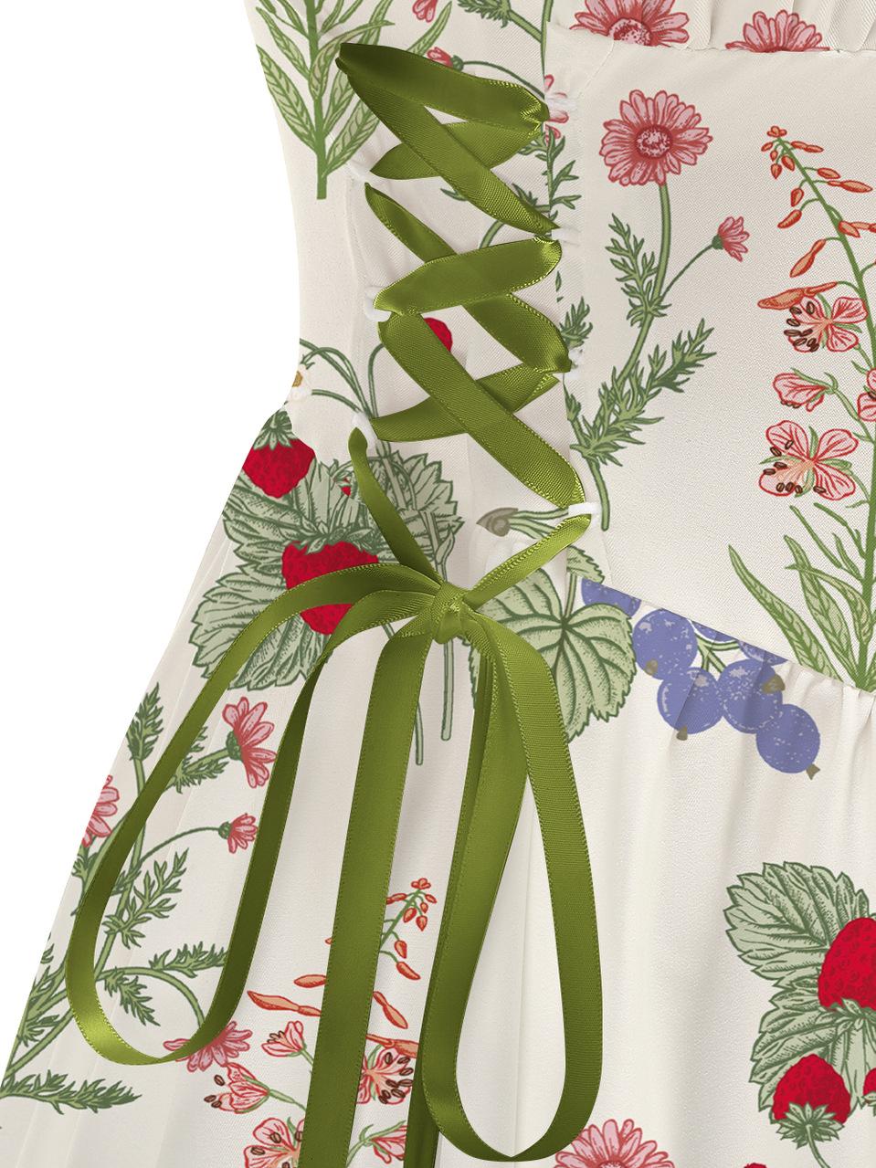 White Floral Printed Green Drawstrings Elegant Midi Dress