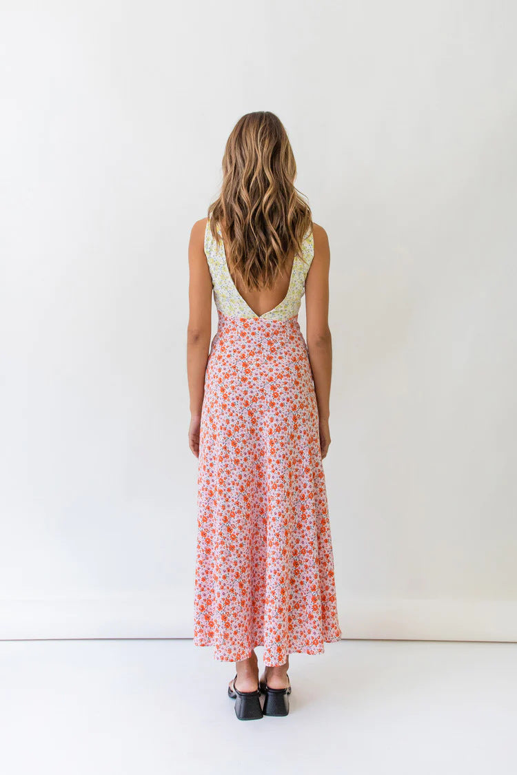 Pink Yellow Backless Tie Maxi Dress