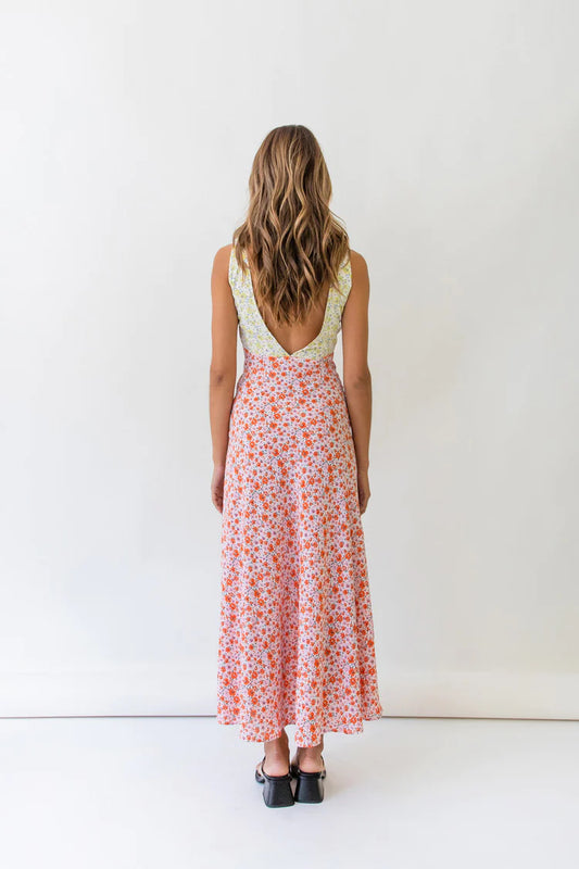 Pink Yellow Backless Tie Maxi Dress