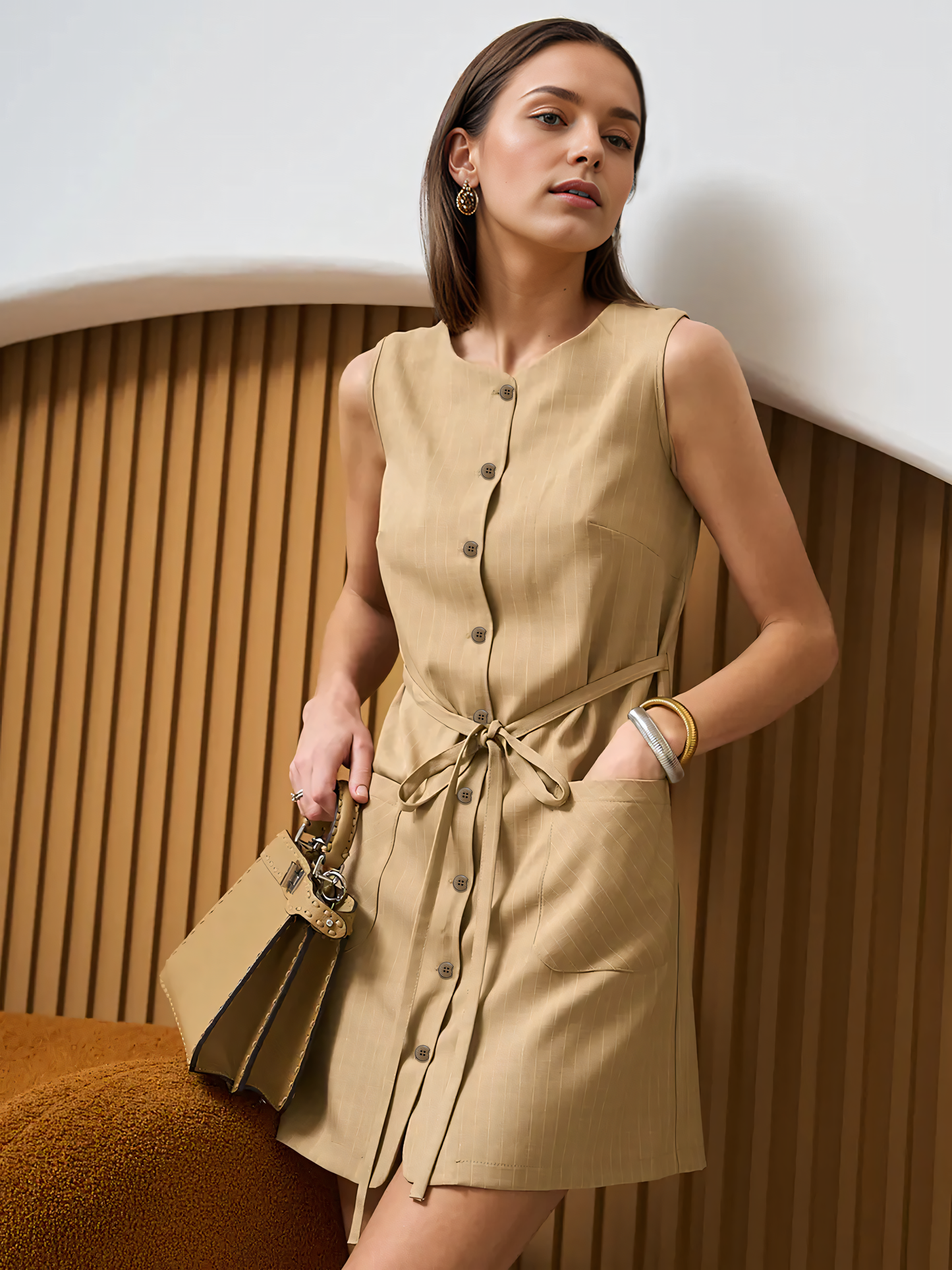 Khaki Button-up Sleeveless Mini Dress
