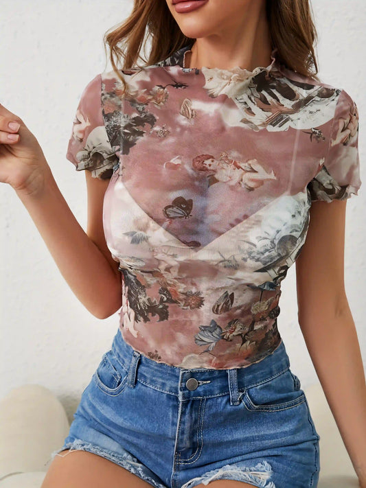 Pink Elegant Mesh Printed Rolled T-Shirt