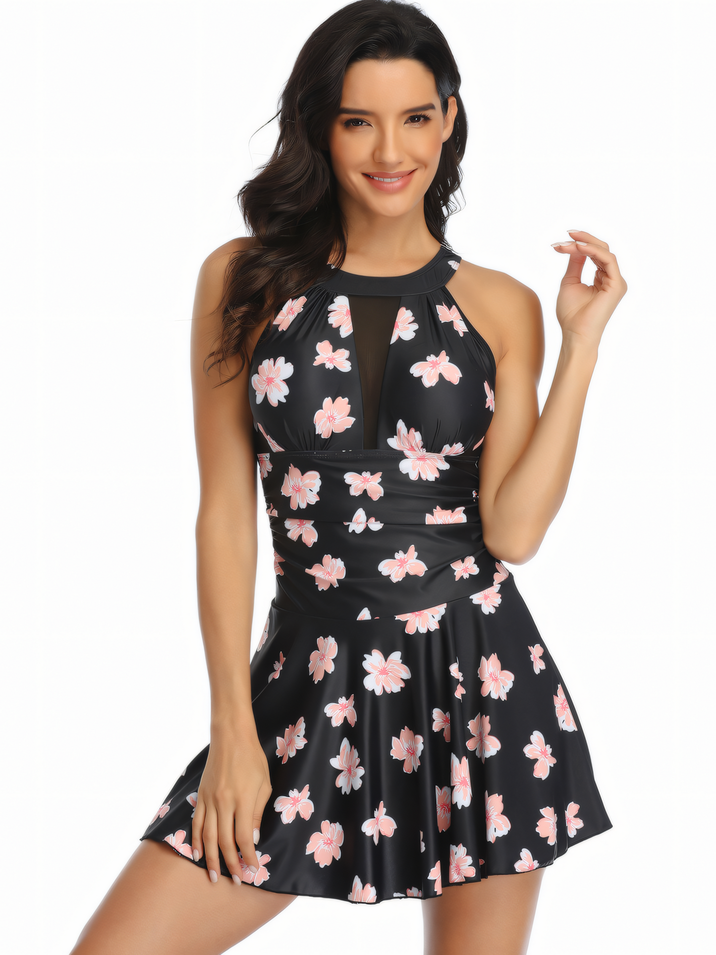 Flower Print Mesh One-Piece Swimsuit