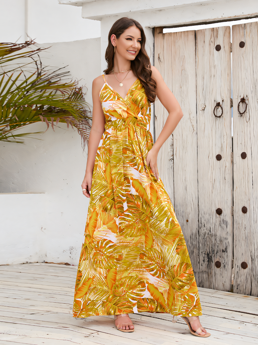 Yellow Printed Bohemia V-Neck Halter Maxi Dress