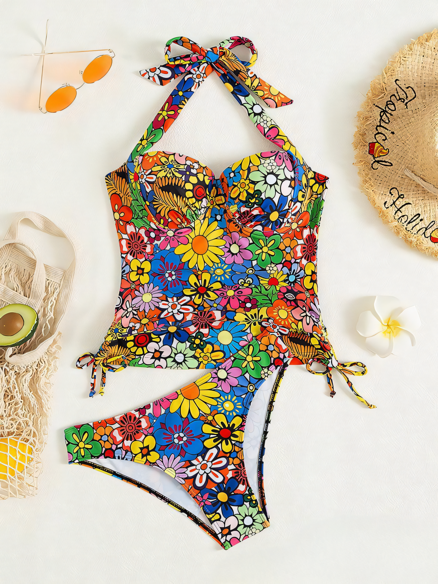 Colorful Floral Printed Neck Tankini Set
