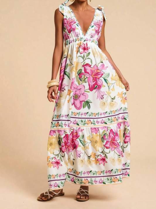 White Pink Floral Printed Beach Maxi Dress