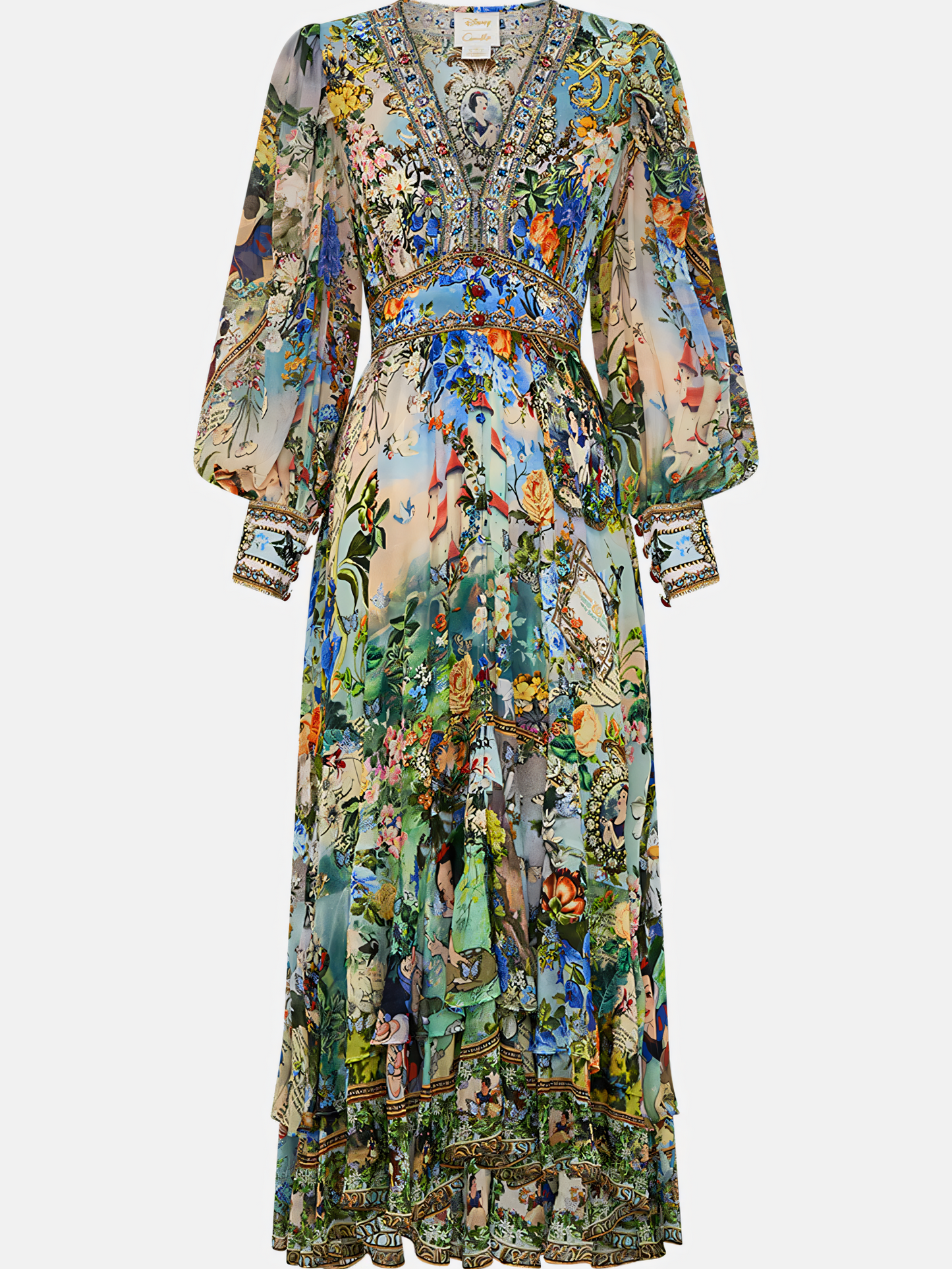 Green Floral Long Bubble Sleeve Maxi Dress