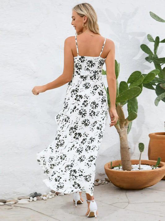 White Halter Irregular Floral Beach Maxi Dress