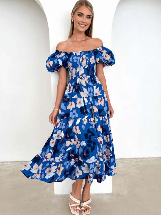 Dark Blue Floral Printed Puffy Bubble Sleeve Midi Dress