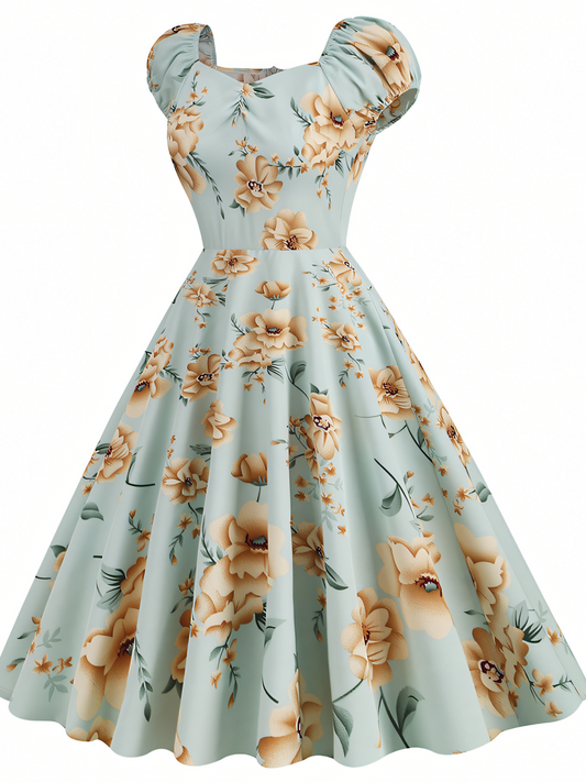 Light Blue Floral Vintage Elegant Midi Dress
