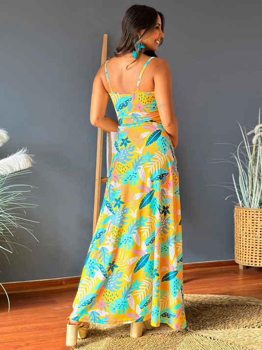 Yellow Printed Halter V-neck Maxi Dress