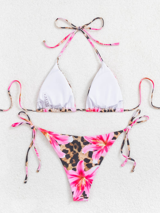 Leopard Print Floral Halter Bikini