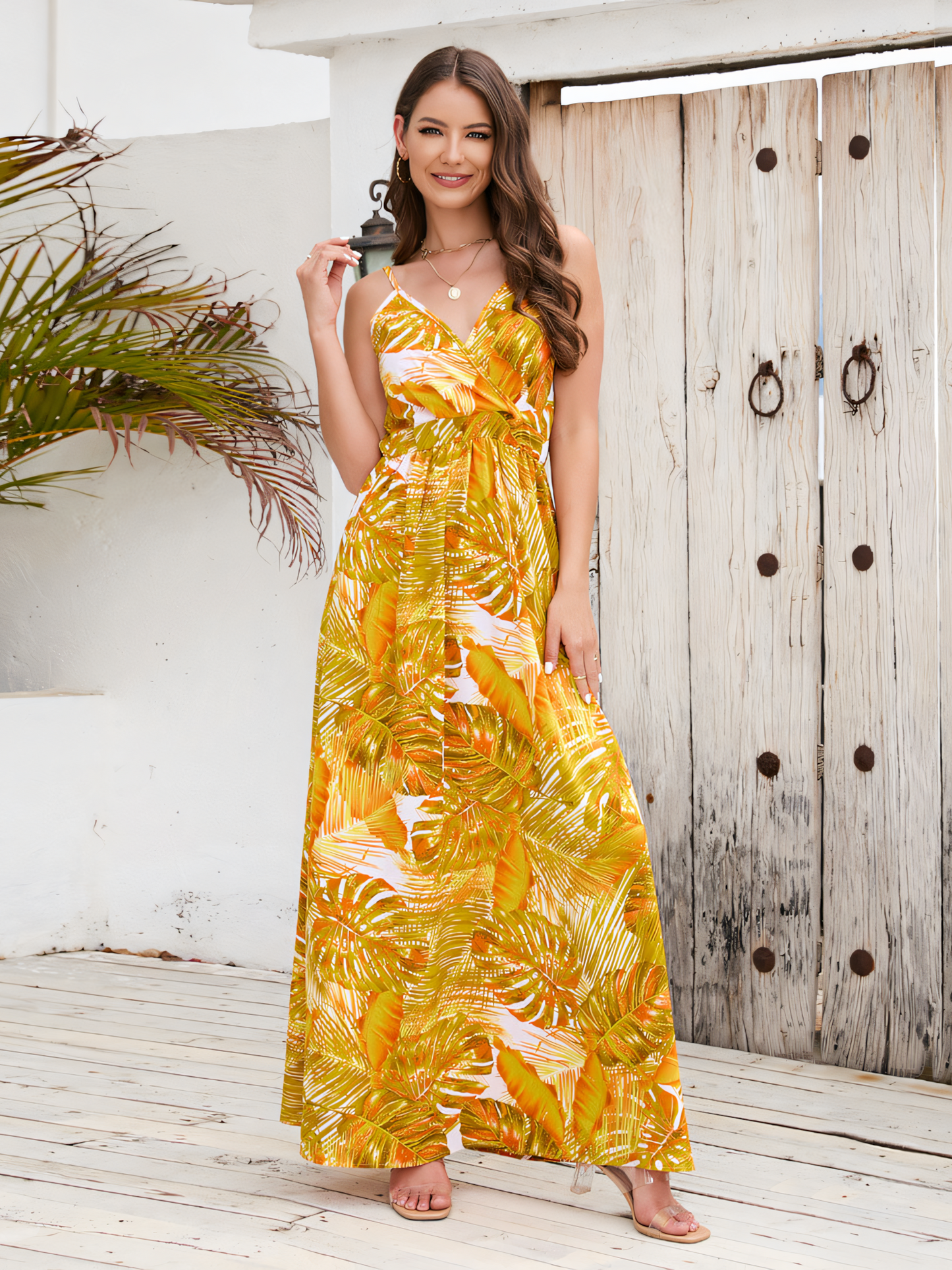 Yellow Printed Bohemia V-Neck Halter Maxi Dress