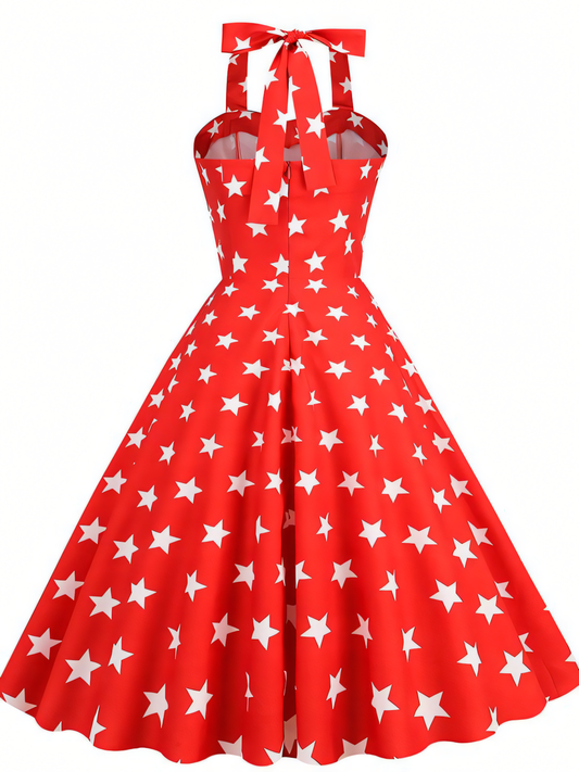 Independence Day Red Hanging Neck Vintage Hepburn Mini Dress