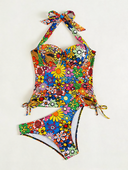 Colorful Floral Printed Neck Tankini Set