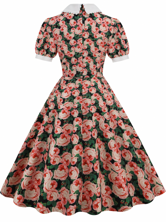 Pink Floral Short-sleeved Vintage-inspired Midi Dress