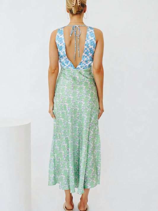 Blue Green Backless Tie Maxi Dress
