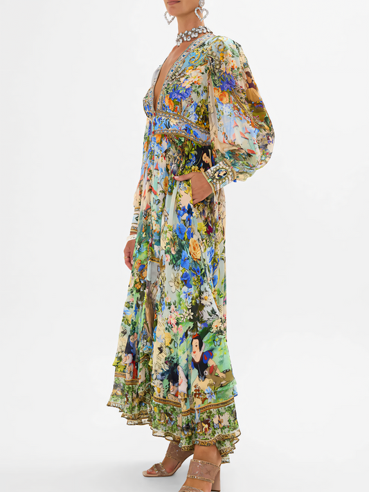 Green Floral Long Bubble Sleeve Maxi Dress