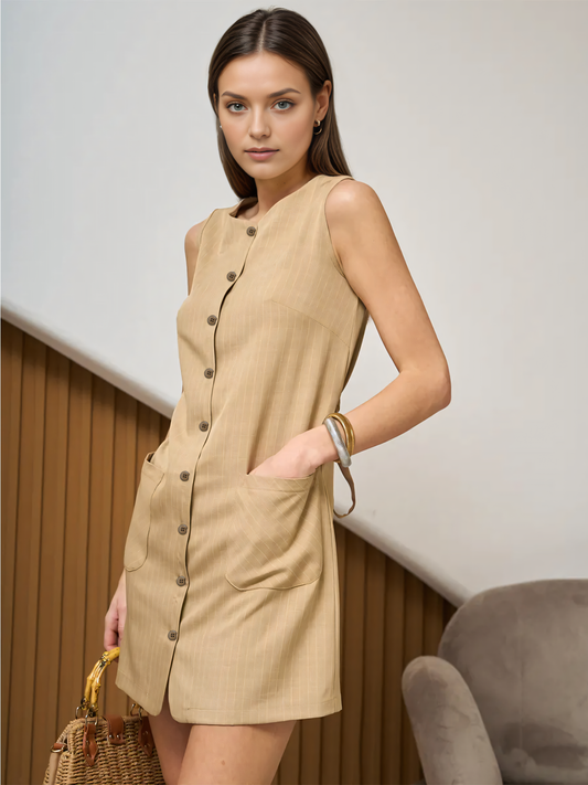 Khaki Button-up Sleeveless Mini Dress