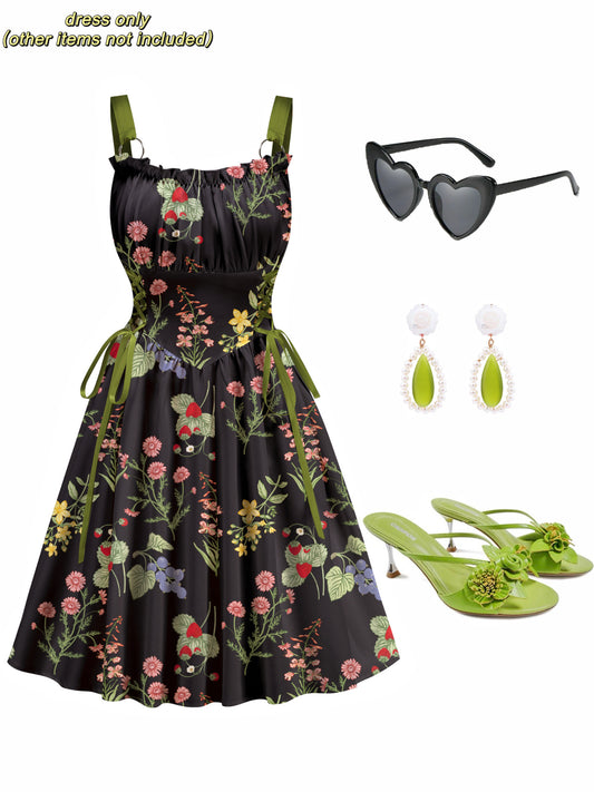 Black Floral Printed Green Drawstrings Elegant Midi Dress