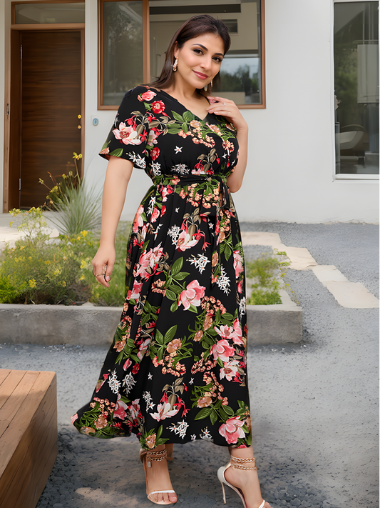 Black Floral Print V-neck Elasticated Waist Maxi Dress