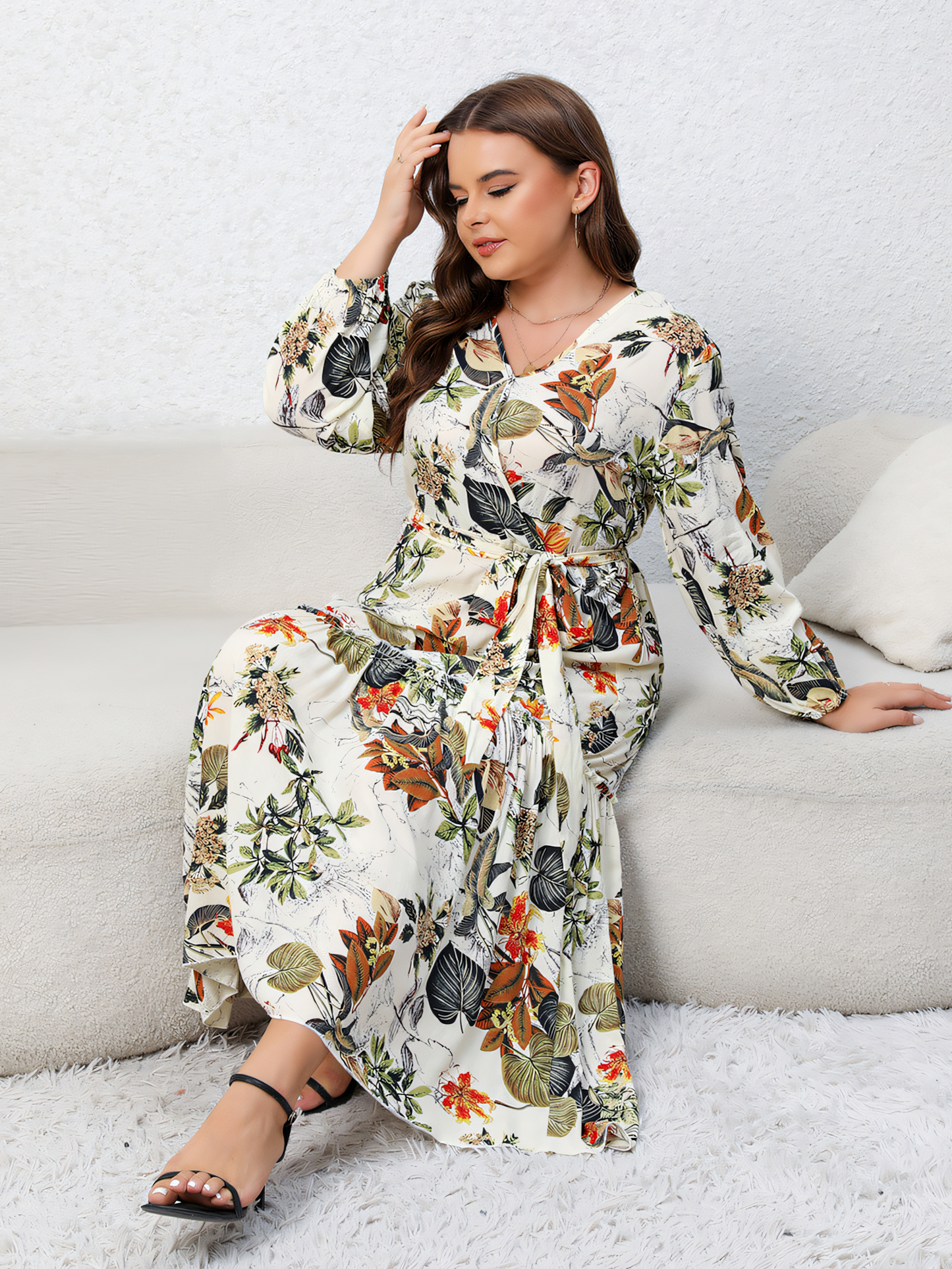 Apricot Floral Long Sleeve Maxi Dress