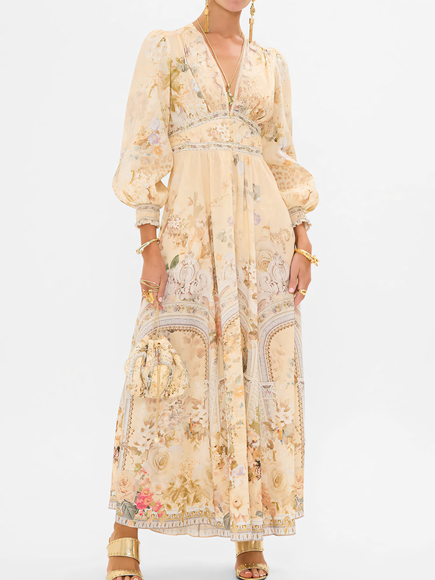 Beige Floral Long Bubble Sleeve Maxi Dress