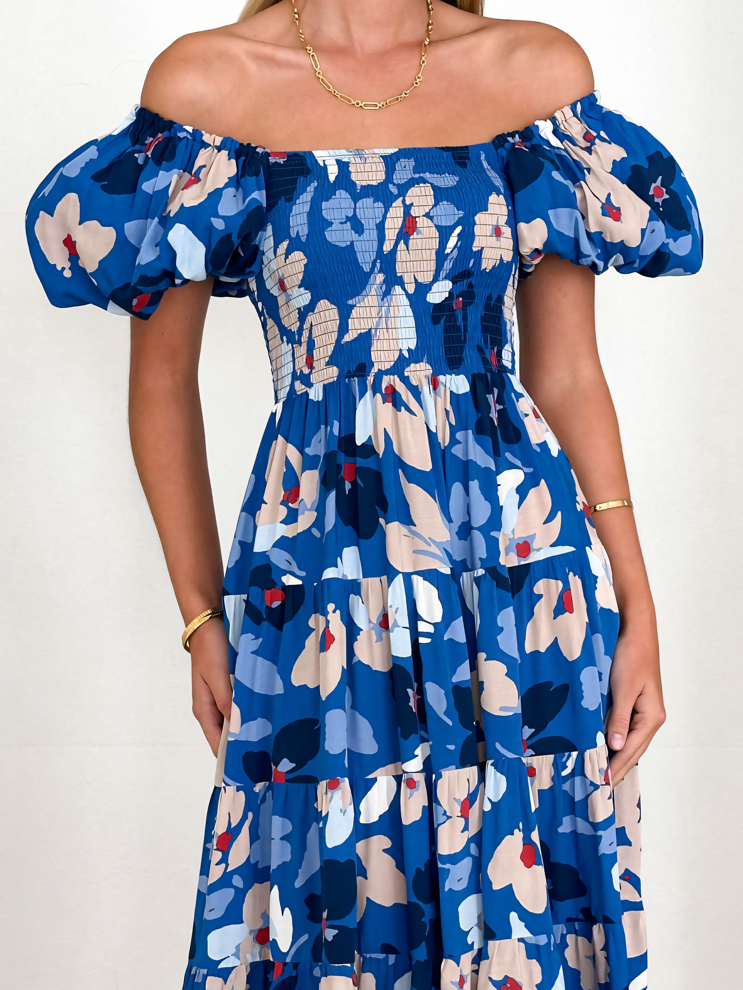 Dark Blue Floral Printed Puffy Bubble Sleeve Midi Dress