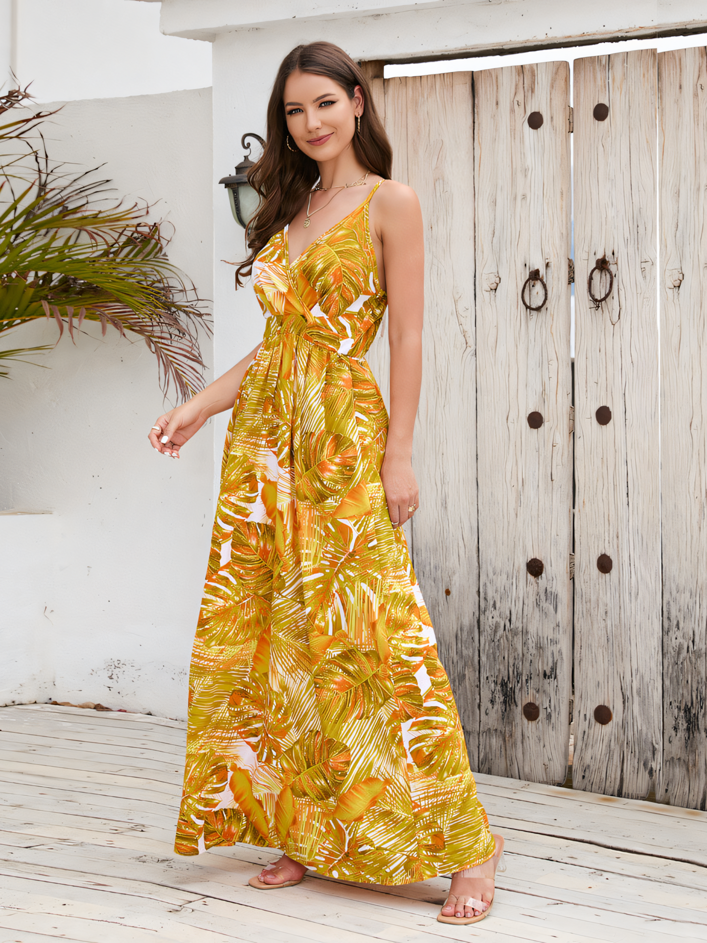 Yellow Printed Bohemia V-Neck Halter Maxi Dress