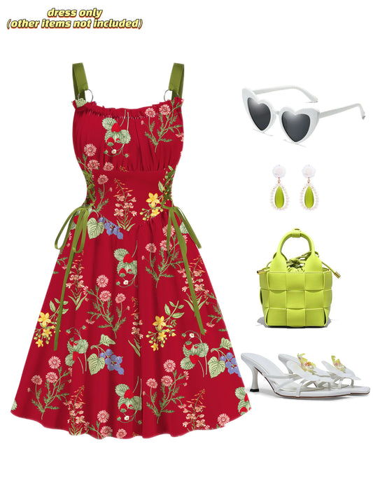 Red Floral Printed Green Drawstrings Elegant Midi Dress