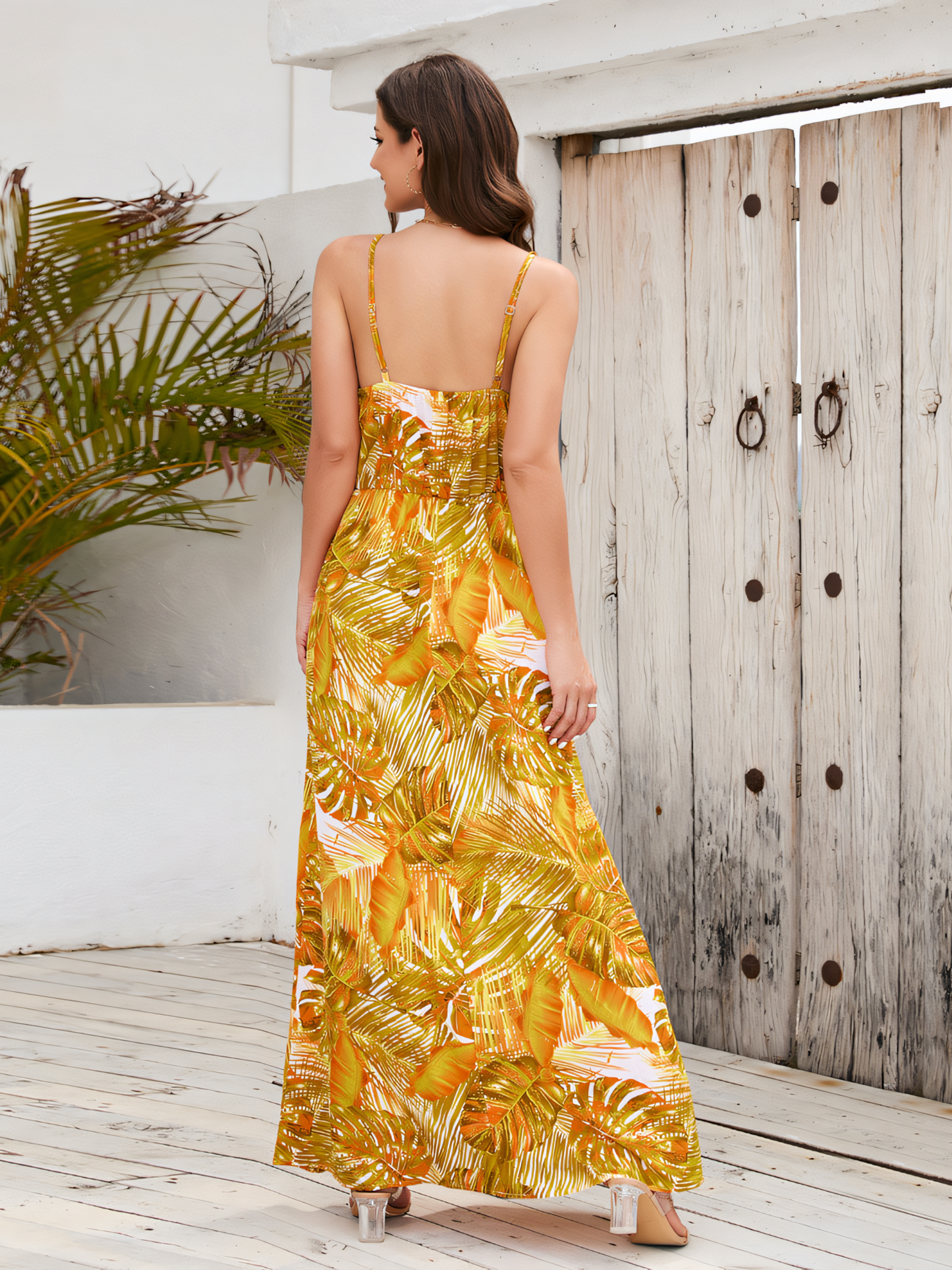 Yellow Printed Bohemia V-Neck Halter Maxi Dress