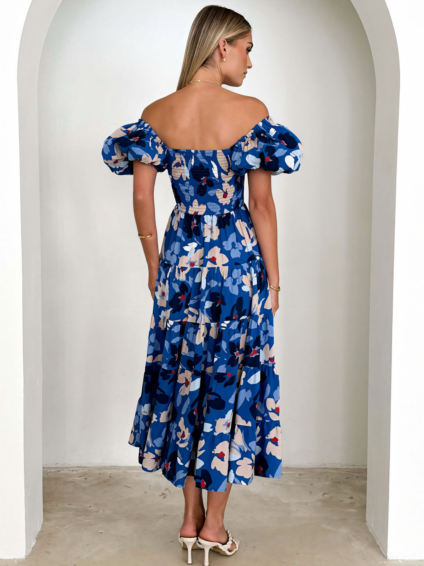 Dark Blue Floral Printed Puffy Bubble Sleeve Midi Dress