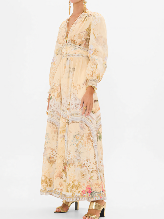 Beige Floral Long Bubble Sleeve Maxi Dress