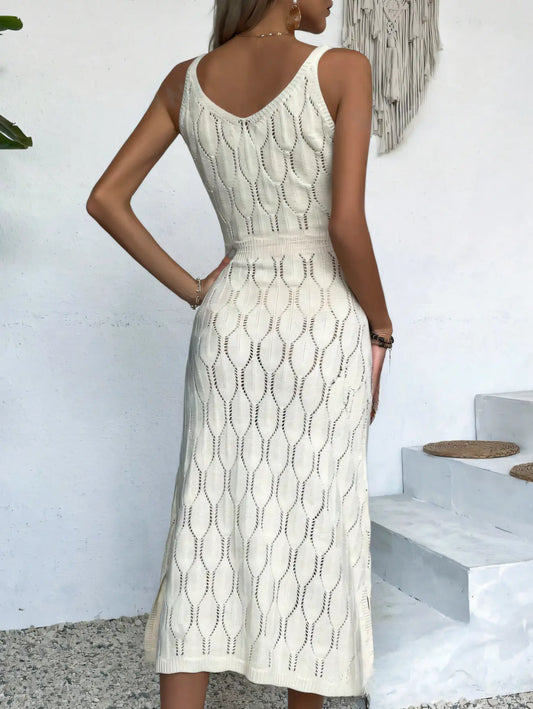 Beige Backless Knit Vacation Halter Maxi Dress