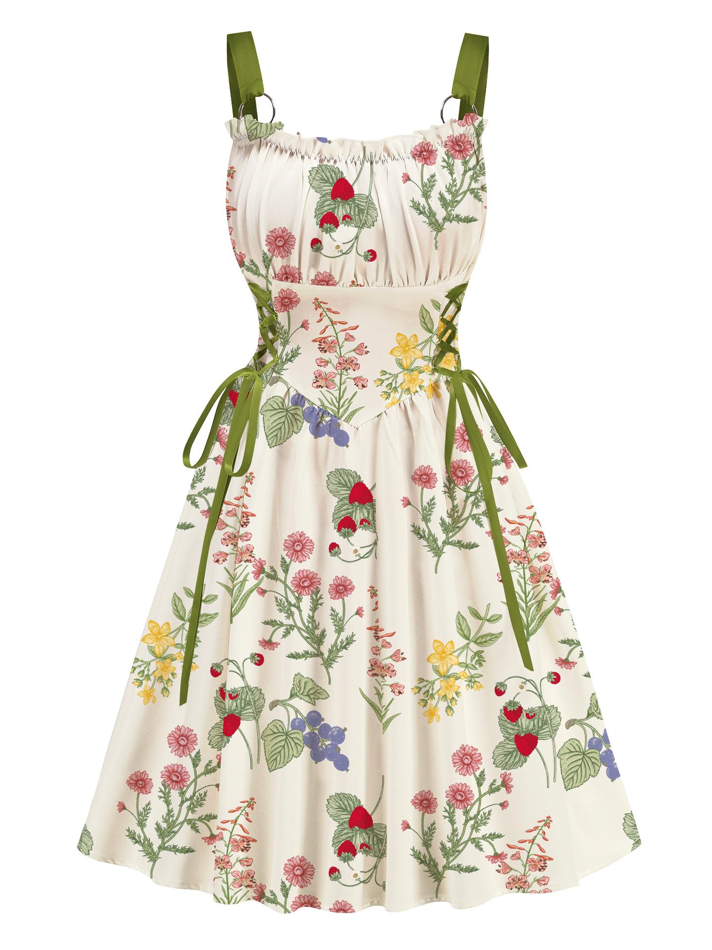 White Floral Printed Green Drawstrings Elegant Midi Dress