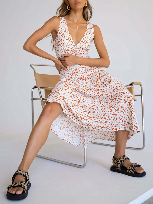 Daisy Print Backless Tie Maxi Dress