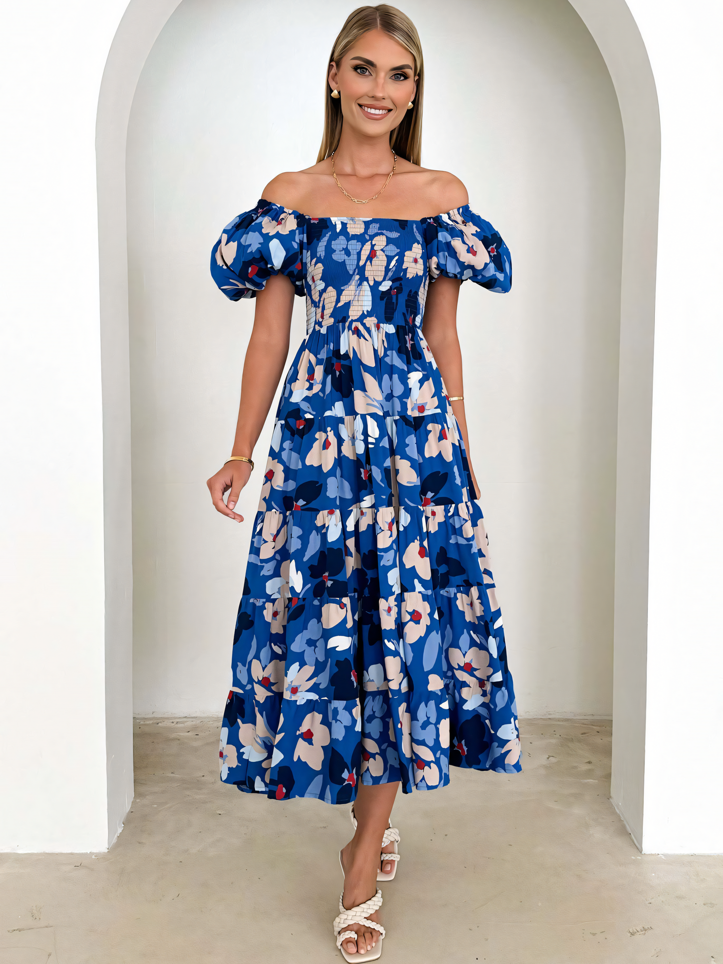 Dark Blue Floral Printed Puffy Bubble Sleeve Midi Dress