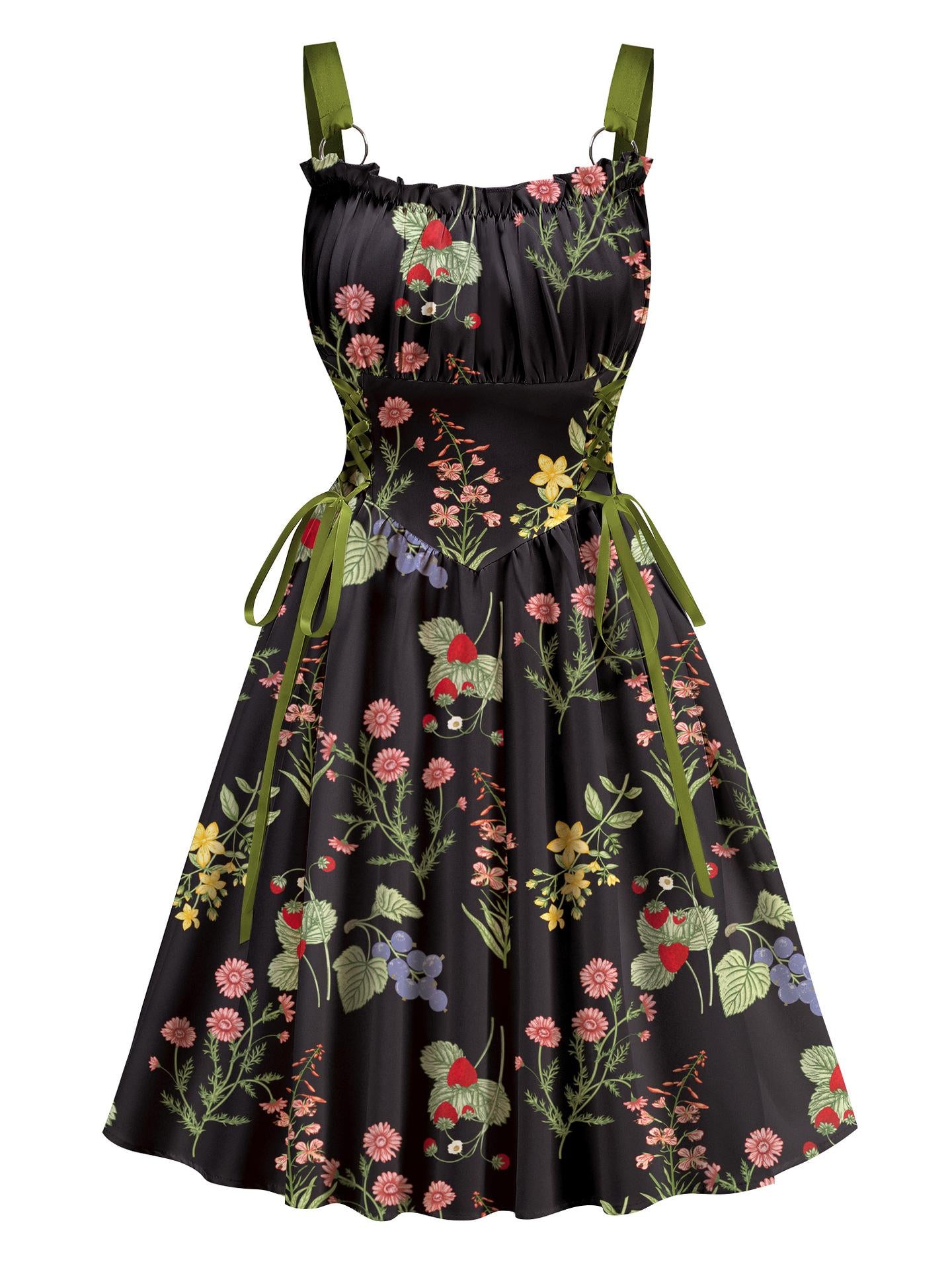 Black Floral Printed Green Drawstrings Elegant Midi Dress