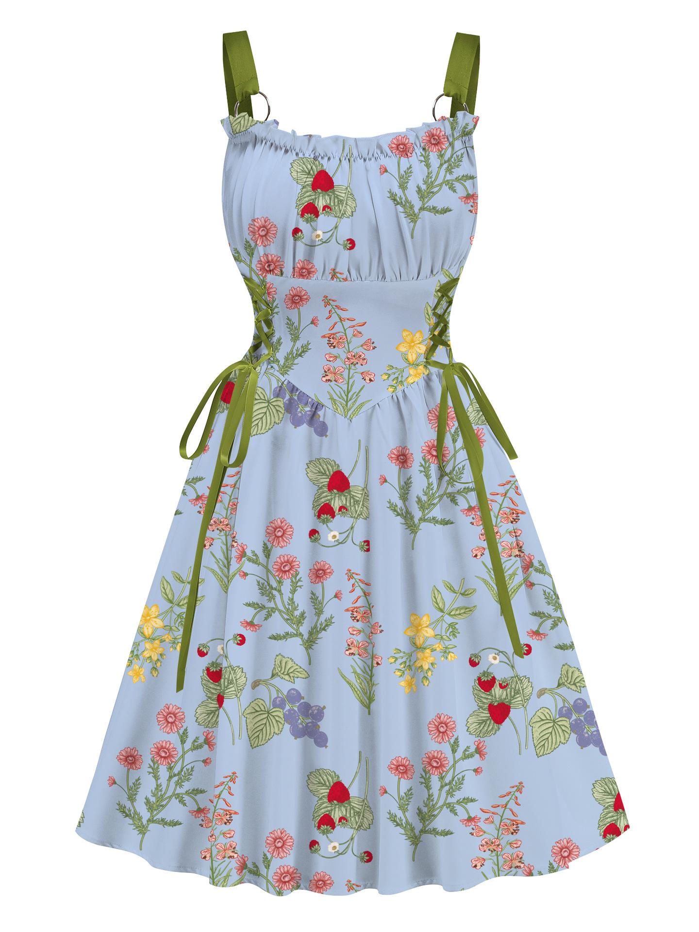 Blue Floral Printed Green Drawstrings Elegant Midi Dress