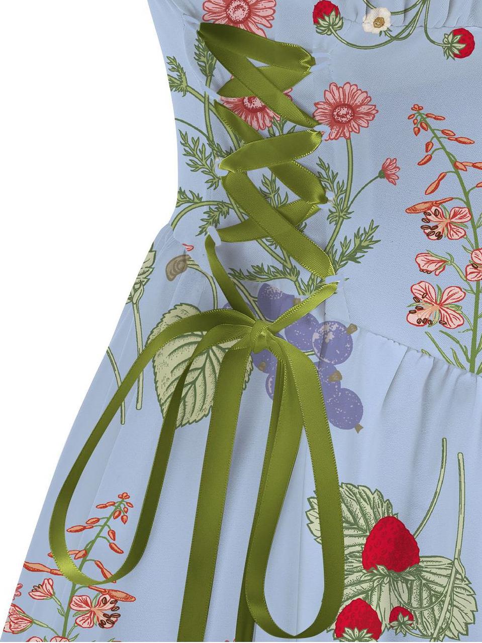 Blue Floral Printed Green Drawstrings Elegant Midi Dress