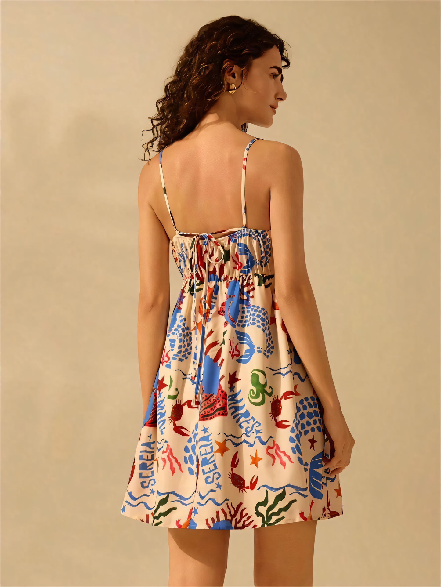 Bohemian Print Lace-up Pleated Mini Dress