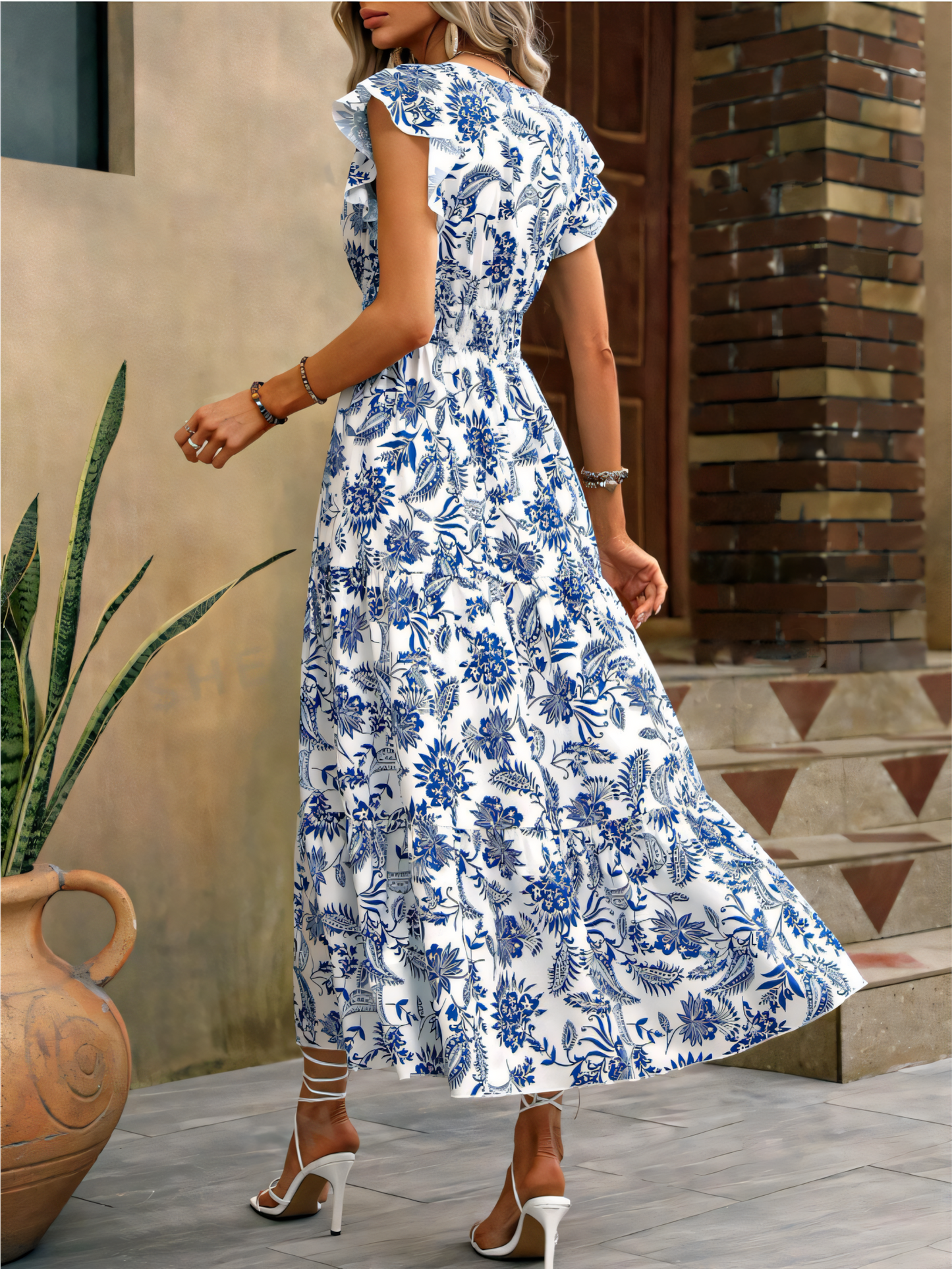 Blue Printed Butterfly Sleeve Maxi Dress