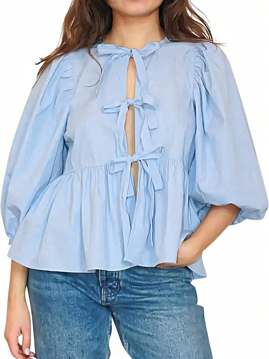 Sweet Casual Lace-Up Solid Color Shirt