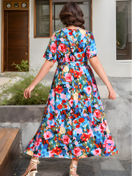 Colorful Floral Print V-neck Elasticated Waist Maxi Dress